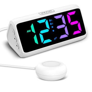 Netzu Loud Alarm Clock for Heavy Sleepers, Plug-in RGB Vibrating Alarm Clocks with Bed Shaker, 5 Dimmers, 2 Alarms and Snooze for Bedrooms Hearing Impaired Deaf Adults (White)