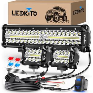 12Inch LED Light Bar and 2PCS 4Inch LED Cube Pod Lights Off Road Driving Light with Rocker Switch 3Lead Wiring Harness Kit Spot Flood Combo Triple Row Light Bars for SUV UTV ATV Truck Tractor