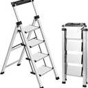 XinSunho 4 Step Ladder, Aluminum Folding Stool with Retractable Handgrip
