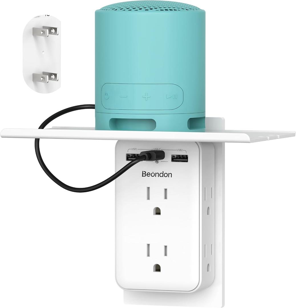 Wall Outlet Extender with Shelf, BEONDON 2 to 3 Prong Outlet Adapter with 6 AC Outlets and 3 USB Ports(1 USB-C), 3-Sided Power Strip for Non-Grounded Outlets in Old Houses, Dorms, Office