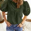 BETTE BOUTIK Women's Long Short Sleeve Tops 2025 Dressy Casual Button Hollow Out Lace Embroidered Blouses Shirts (Green, XXL)