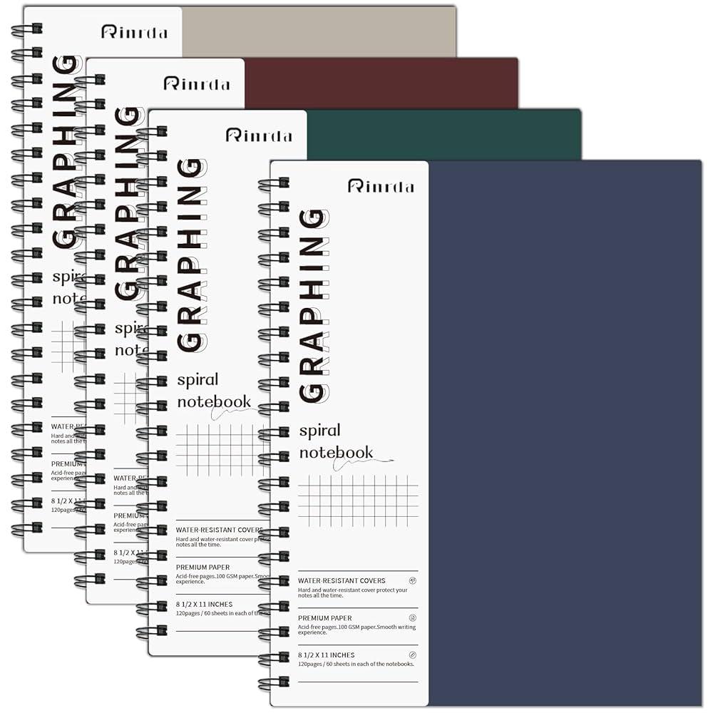 Graph Paper Notebook Spiral Notebook 8.5" x 11"-4 Pack Grid Paper Notebook Graph notebook Engineering notebook 120 Pages 100 GSM Thick Graphing Paper Notebook Hardcover Journal for School (GRAPH, Mult-color)