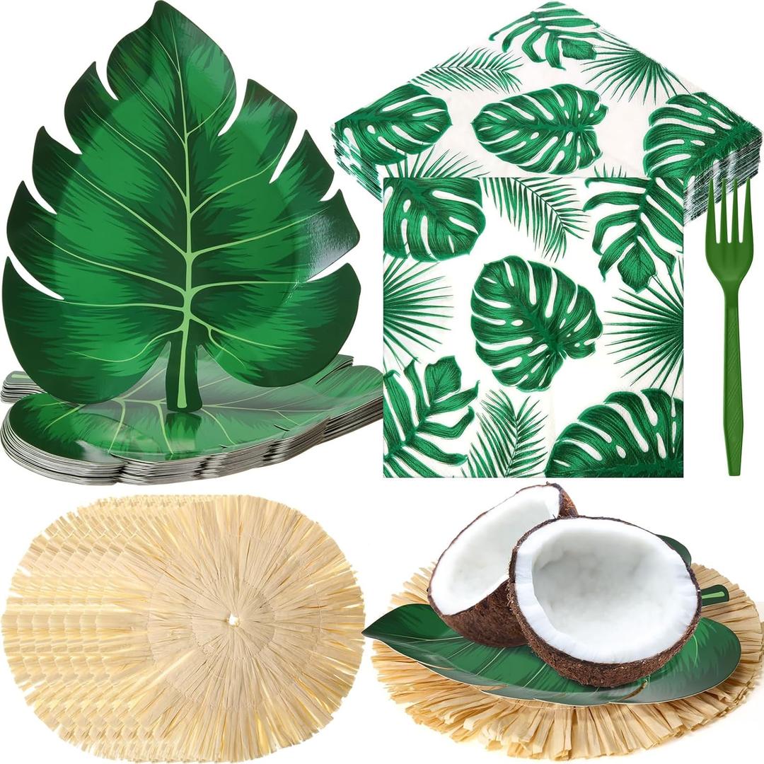 Yungyan 122 Pcs Hawaiian Luau Party Decorations Supplies Tropical Palm Leaves Paper Plates Bulk Luau Place Mats Disposable Napkins Forks Sets for 24 Guests Summer Jungle Holiday Beach Theme