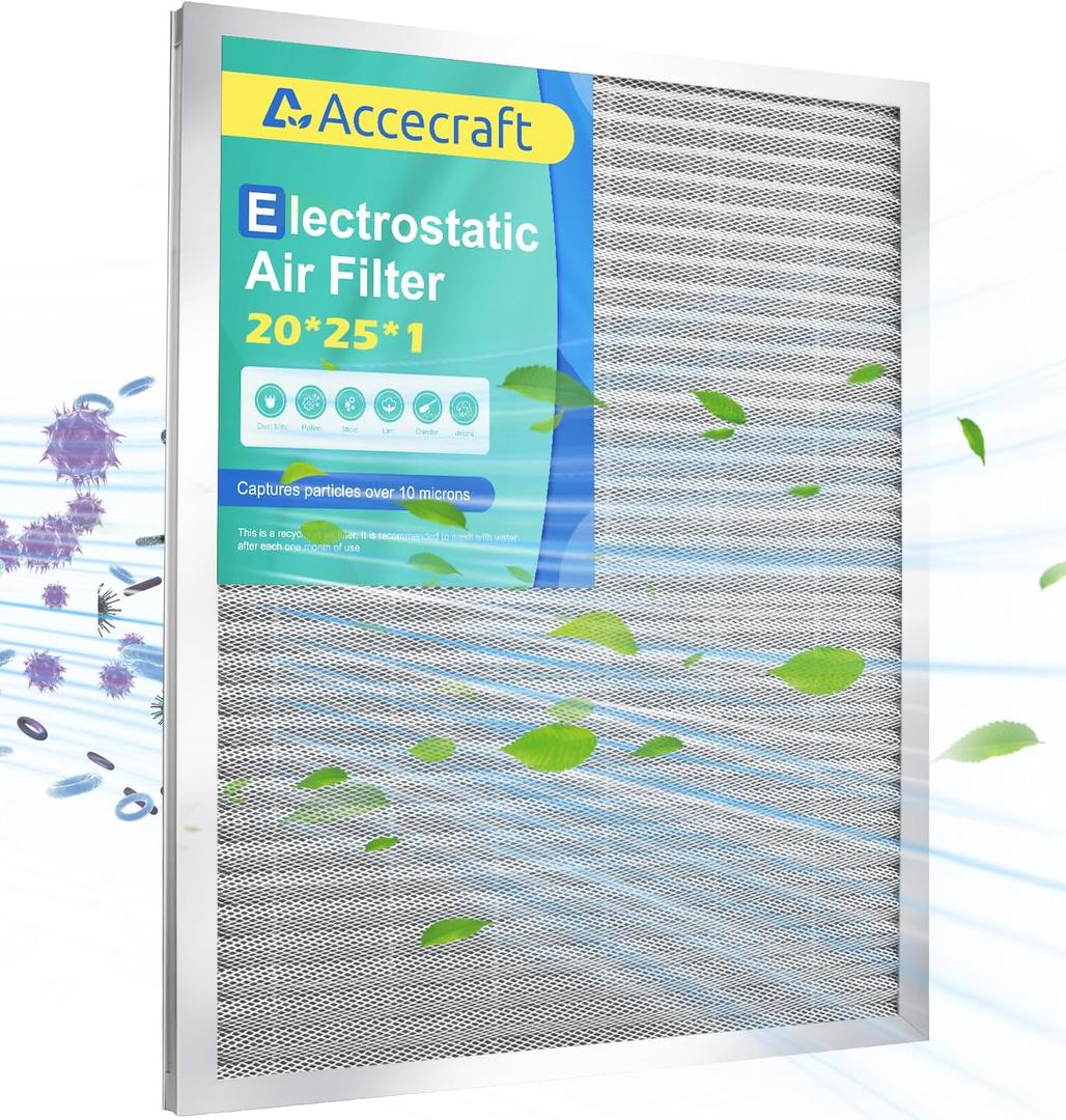 Accecraft 20x25x1 Electrostatic Air Filter, Washable & Reusable Aluminum AC/HVAC Furnace Filter, MERV 8, Permanent Air Filter,Breathe Fresher,Home And Office(Actual Size:24.65"x19.75"x0.86")