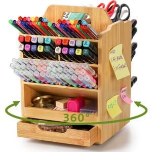 SOUJOY Bamboo Pen Holder Organizer, 360Rotating Art Supply Storage Caddy, Hold 400+ Pencils, 15 compartments Office Desk Stand Box with Handle for Marker Pens, Colored Pencil, Art Brushes SOUJOY Bamboo Pen Holder Organizer, 360Rotating Art Supply Storage Caddy, Hold 400+ Pencils, 15 compartments Office Desk Stand Box with Handle for Marker Pens, Colored Pencil, Art Brushes