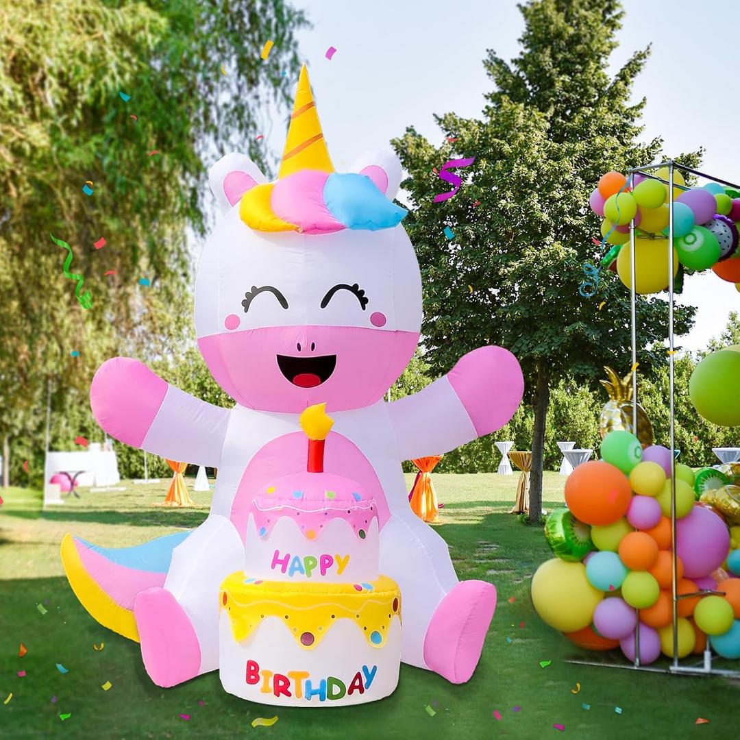 OurWarm 6FT Inflatable Unicorn Birthday Cake, Happy Birthday Inflatable Unicorn with Cake and Candle, Cute Outdoor Birthday Decorations with Built-In LED Lights and Blower for Home Yard Birthday Decor