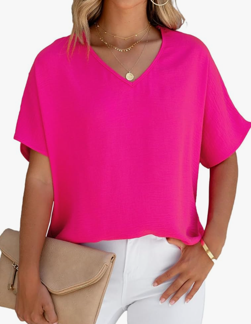 Allimy Women Summer Casual V Neck Textured Blouses Loose Short Sleeve Tops, Small 2 Pack