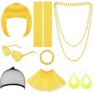 Colorful Short Bob Wigs Set with Party Neon Wig Tutu Skirt Leg Sleeve 80s Accessories for Bachelorette Party Costume (Yellow)