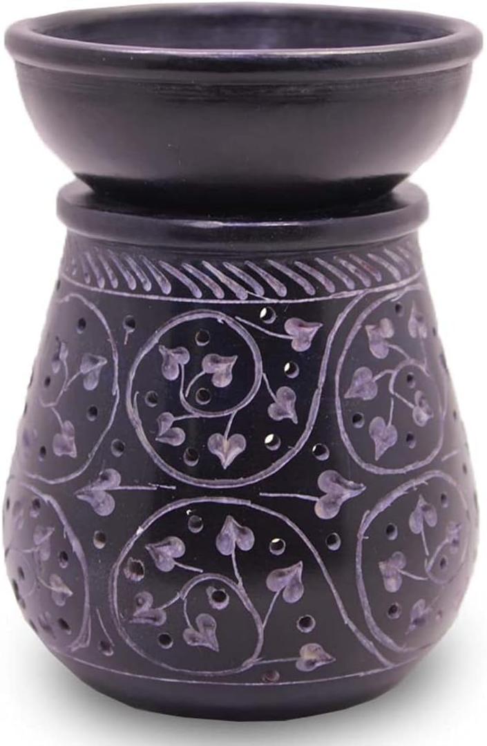 Handmade Black Soapstone Aroma Oil Burner  Round Floral Carving Candle Holder, Wax Melt Warmer & Tealight Diffuser for Gifting, Meditation & Home Decor