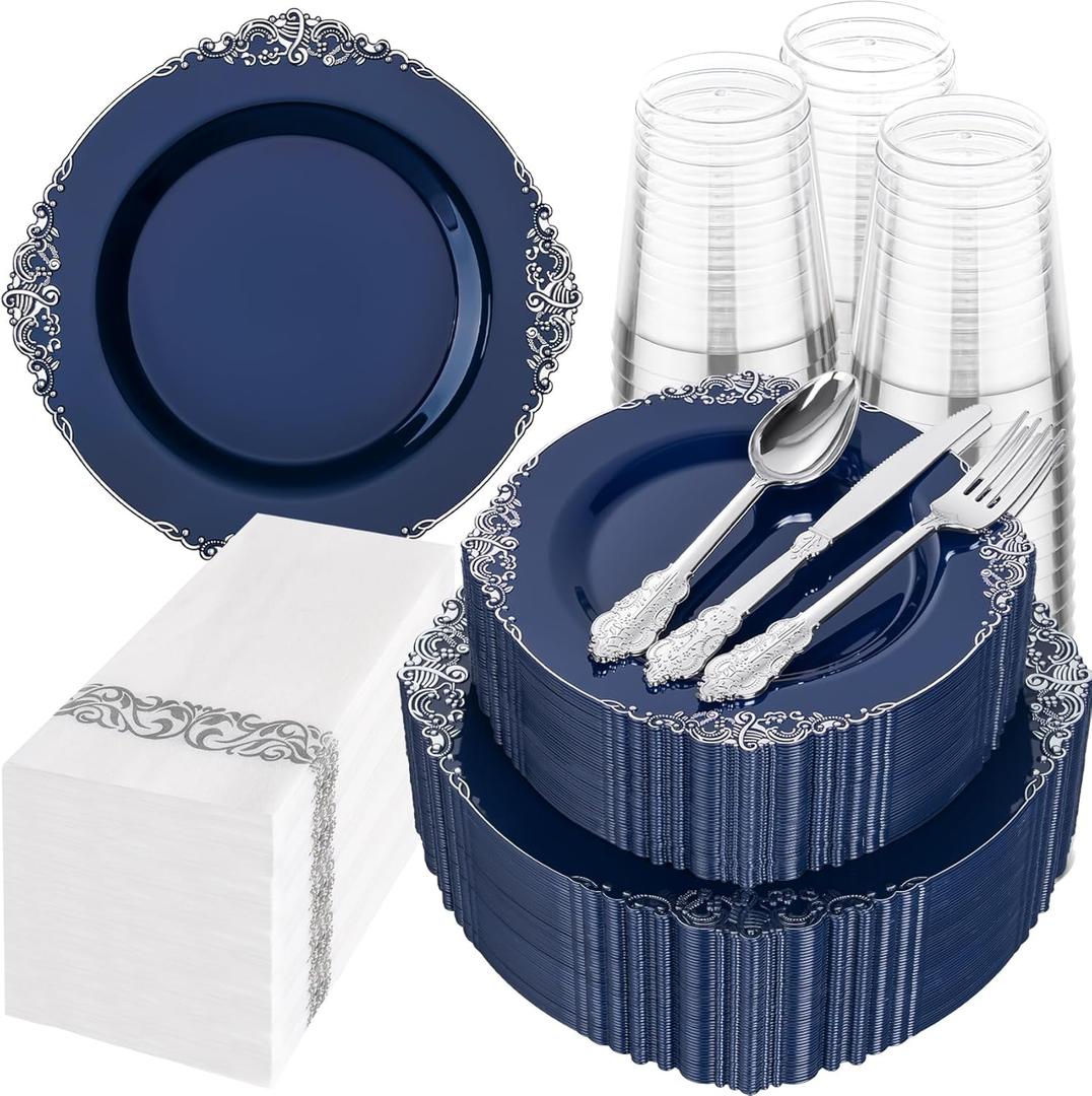 Hioasis 350pcs Blue and Silver Plastic Plates - Elegant Disposable Dinnerware Set Suitable for 50 Guests Include 10.25" Dinner & 7.5" Dessert Plates, Cutlery, Napkins, Cups for Party
