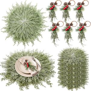 6 Set Christmas Table Placement Including Napkin Ring, 20 Inch Large Artificial Greenery Placemats, Round Cedar Branch Place Mat Christmas Dining Table Decor for Xmas Holiday Party(Powder Snow) (Circle)