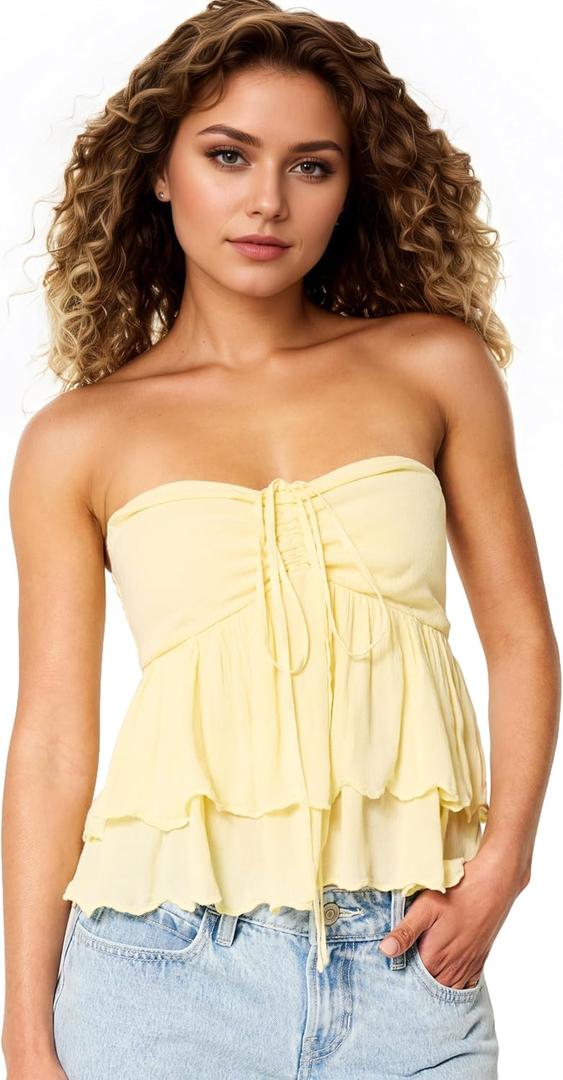 Womens Tiered Ruffled Tube Top Sweetheart Neck Drawstring Ruched Front Tube Tops Smocked Back Halter Babydoll Tops Yellow (Yellow, M)