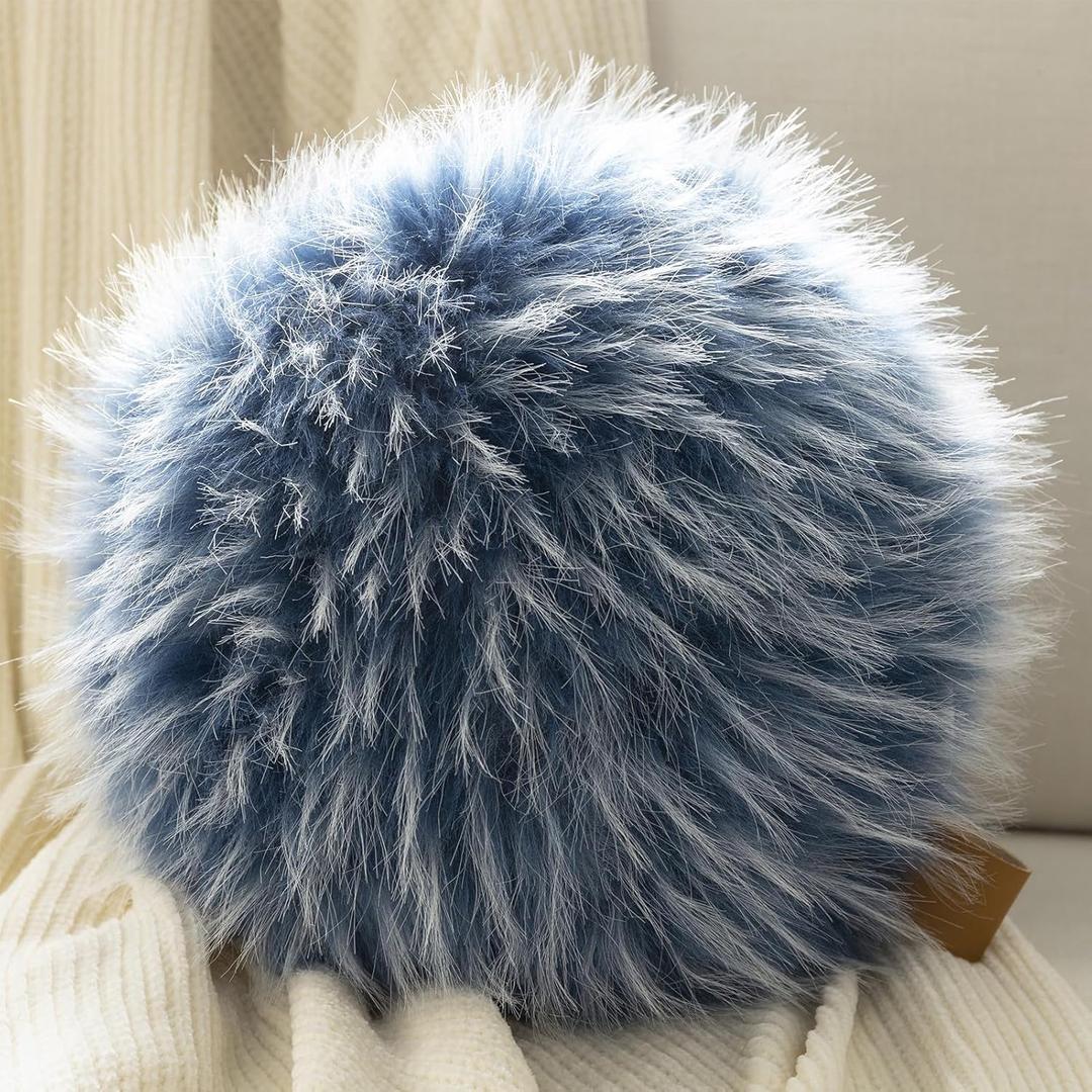 Ashler Plush Round Pillows, Ball Throw Pillow with Handle, Faux Fur Luxury Soft Decorative Cushion, Modern Home Decor Fluffy Round Pillow for Sofa, Bed, Chair, Dark Blue, 12 x 12 inch