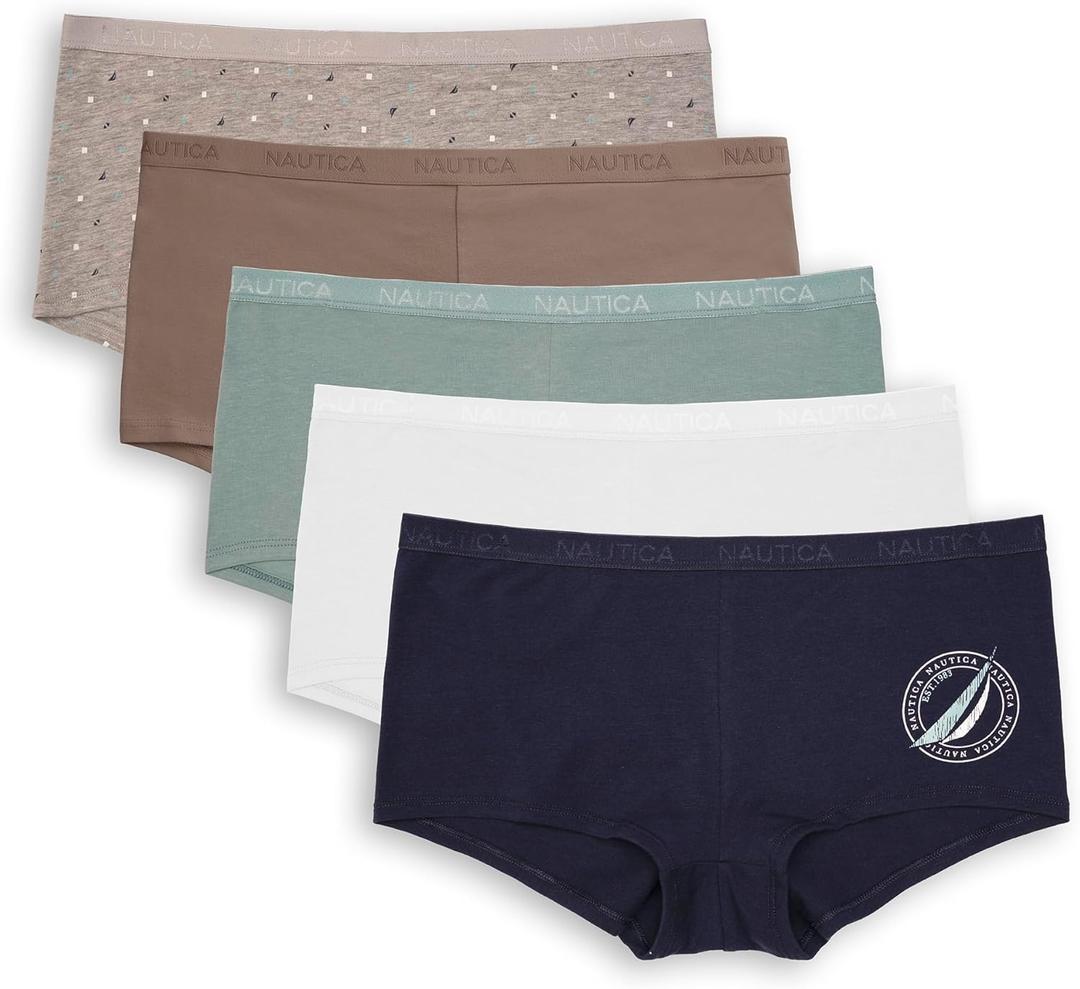 Nautica Women's Cotton Boyshort Underwear Set, 5-Pack (X-Large, Nocturnal Navy/White/Blue Sage/Volcano Ash/Nt Blue Dot)