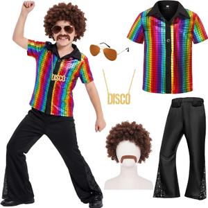 Kids Disco Costume Sequins Shirts for Boys 6PCS Kids 60s 70s Disco Costume for Halloween Party Dress Up