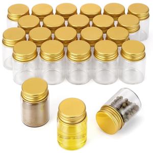 JIUWU 24-Pack Small Glass Bottles,1 Oz with Lid Decorative Bottles 1 oz Glass Jars with Lids, 30ml Travel Bottles, 37x50mm Gold-Cap Bottle for Essential Oils, Perfume & Home Storage