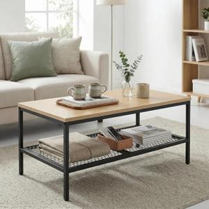 Wood Coffee Table,Rustic Rectangle Coffee Table with 2-Tier Storage for Living Room,Modern Industrial Center Table Small, Simple Rectangular Coffee Table in Office Bedroom,35.5in Beige