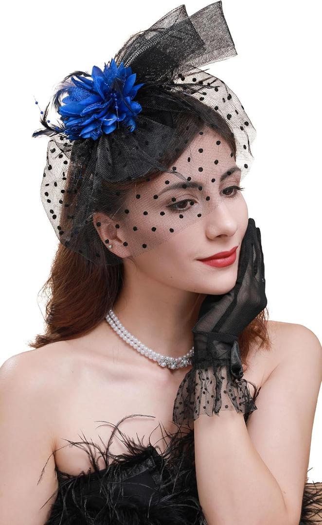 Cizoe Fascinator for Women with Black Veil Derby Headpiece Tea Party Hats and Lace Gloves (Blue)