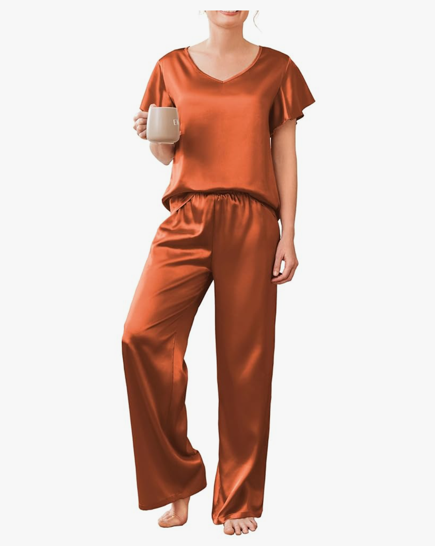 Ekouaer Women's Satin Silky Pajama Set 2 Piece Short Sleeve Shirt with Long Pants Pjs Sets Soft PJ Loungewear, M