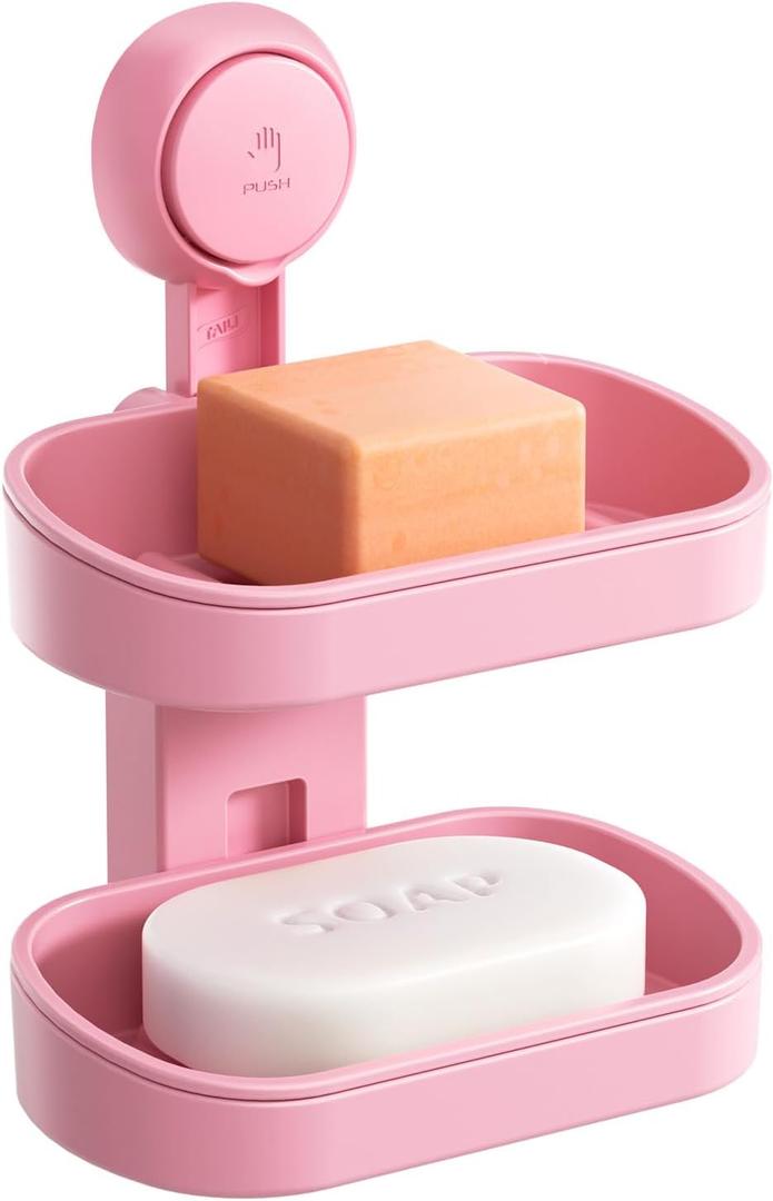 TAILI Double Layer Soap Dish Holder Suction Cup, Strong Sponge Holder for Shower, No Tools Soap Saver for Bathroom, Tub and Kitchen Sink, Shower Accessories, Drill-Free, Removable, Pink (5.8" * 3.7" 2 Tier)