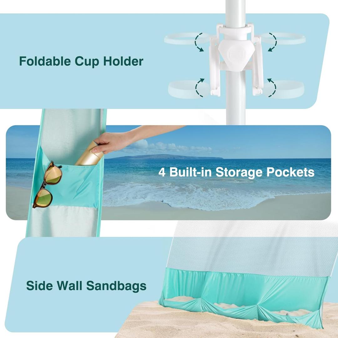 Rhino Valley Beach Cabana, 8*8FT Beach Tent UPF50+ Protection, Easy Setup Beach Canopy Wind Resistant with Cup Holder, Compact Beach Shade Foldable Beach Tent Sun Shelter for Whole Family Friend,Green