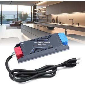 LED Power Supply 24V 150W with Plug, BRIMETI LED Driver 6,3A Transformer AC 120V to 24V DC Low Voltage Switching Converter Constant Voltage Ultra Slim Adapter for LED Strip Light Cabinet Lights