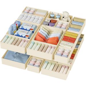 DIMJ Drawer Organizer Clothes - 20 Pack Closet Drawer Organizer Bins for Baby Clothes Storage, Fabric Dresser Organizer for Nursery Bedroom, Foldable Small Drawer Dividers for Underwear Socks (Beige)