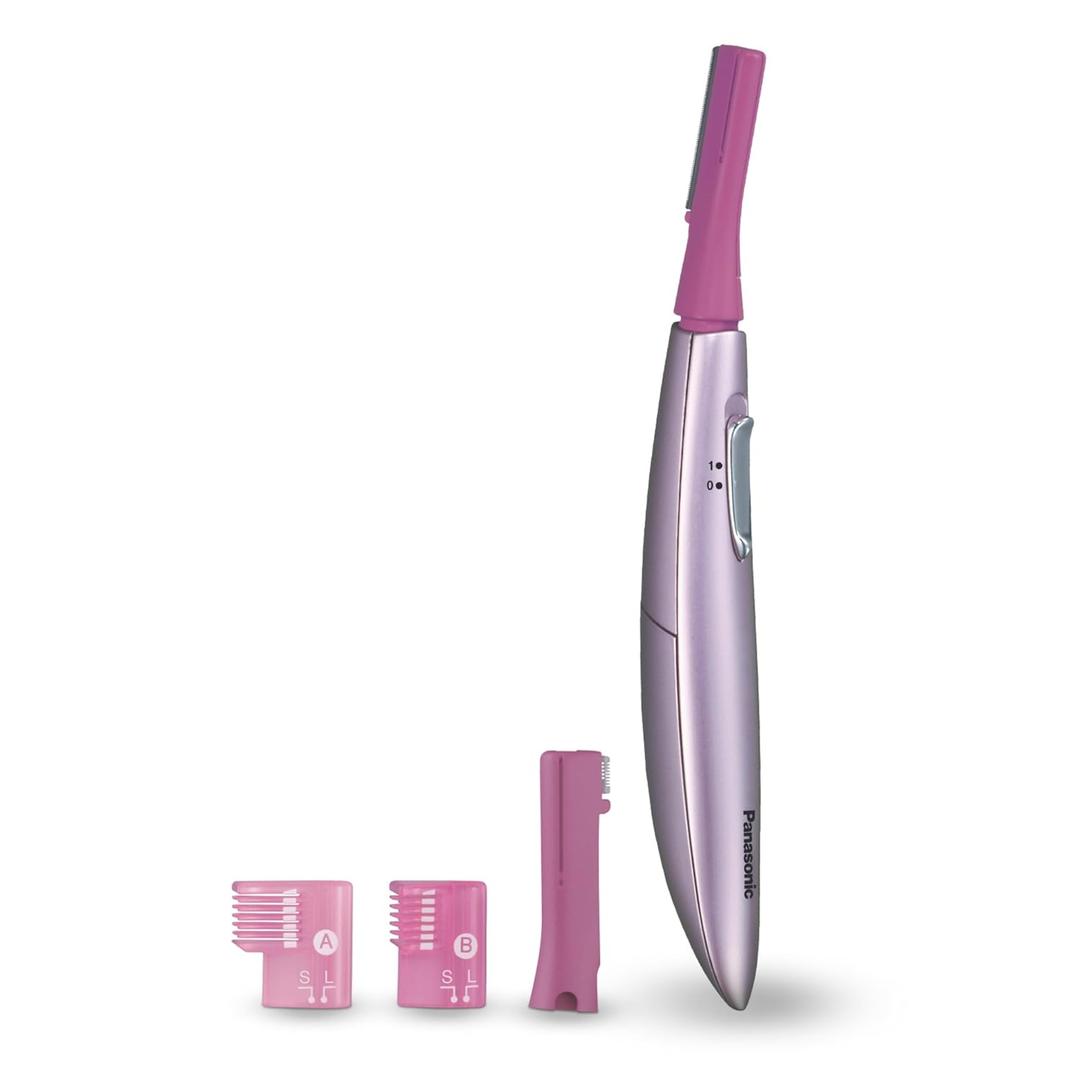 Panasonic Womens Facial Hair Remover and Eyebrow Trimmer with Pivoting Head, Includes 2 Gentle Blades for Brow and Face and 2 Eyebrow Trim Attachments, Battery-Operated  ES2113PC (Pink)