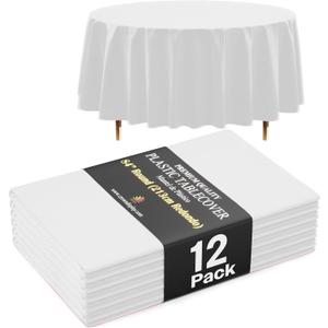 Exquisite 66% Thicker Premium White Round Tablecloth 0.5 Mil 12 Pack Plastic Table Cloth Disposable 84 Inch Round Plastic Tablecloth Won't Tear Easily Like Cheap Thin Brands
