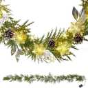 Pre-Lit Christmas Garland Decoration - 6FT Battery Christmas Garland with Lights, Including Pine Branch, Pine Cones, White Berry Cluster, Leaves, Snowflake, Mixed Decors for Mantle Fireplace Stairs