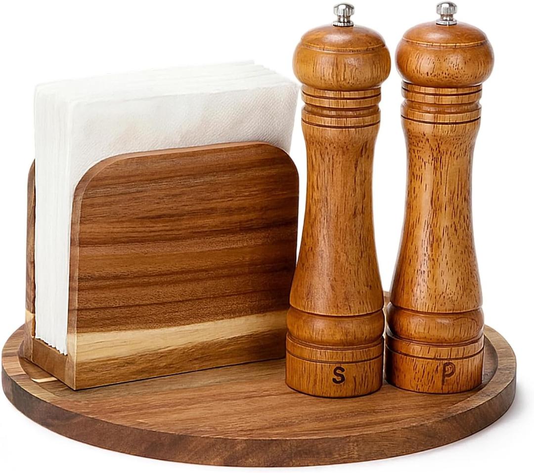 4 Pcs Rustic Farmhouse Decor Set Acacia Wooden Napkin Holder Salt and Pepper Shakers and 12" Round Wood Tray Spice Rack Table Tray for Kitchen Countertop Dining Table Centerpieces (Brown)