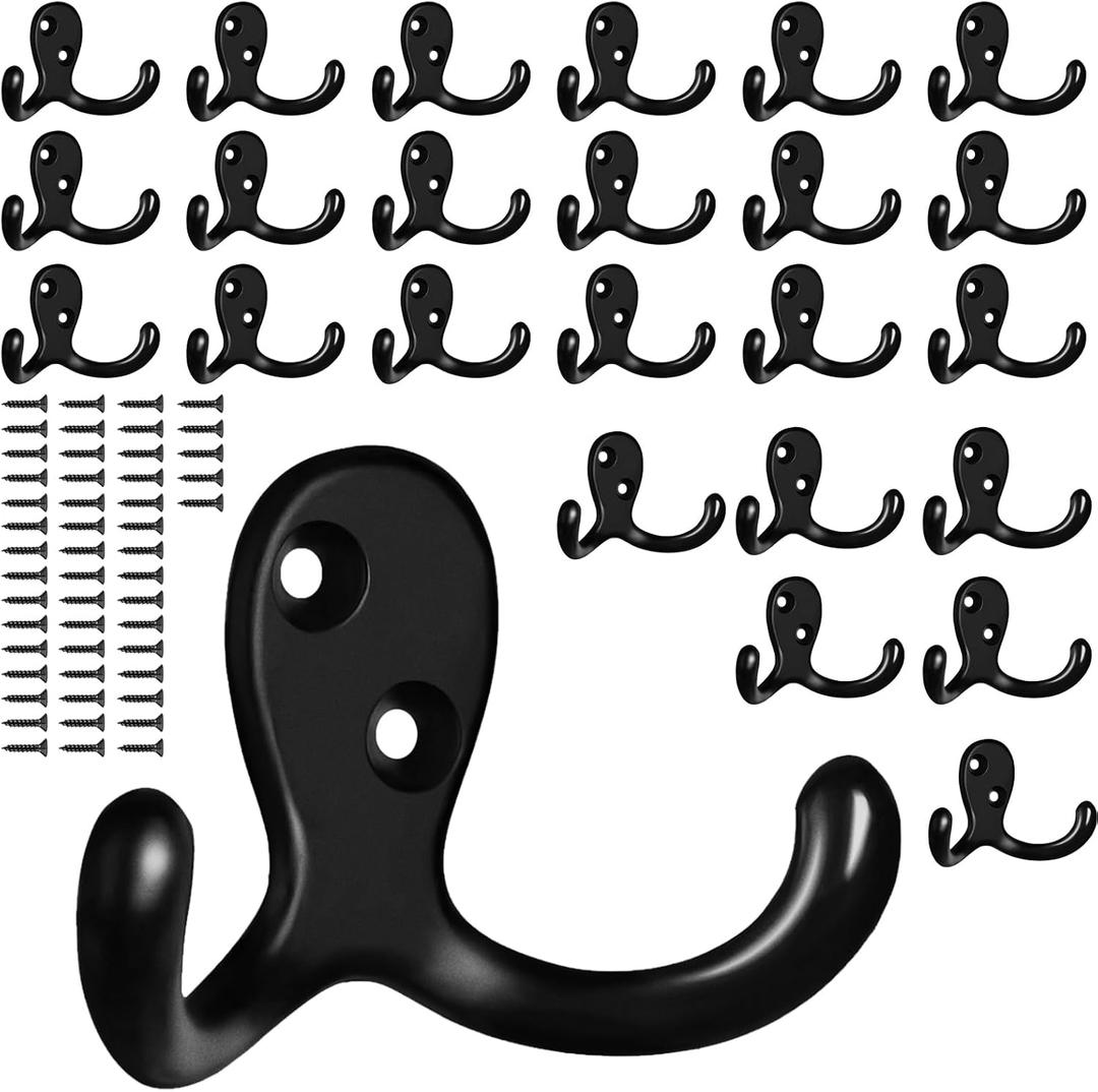 25 Pack Coat Hooks Wall Hooks for Hanging, Heavy Duty Double Prong Metal Hook Wall Mounted for Living Room, Bathroom, Kitchen, Bedroom for Coat, Bag, Scarf, Towel, Hat, Key, Cup (Black)