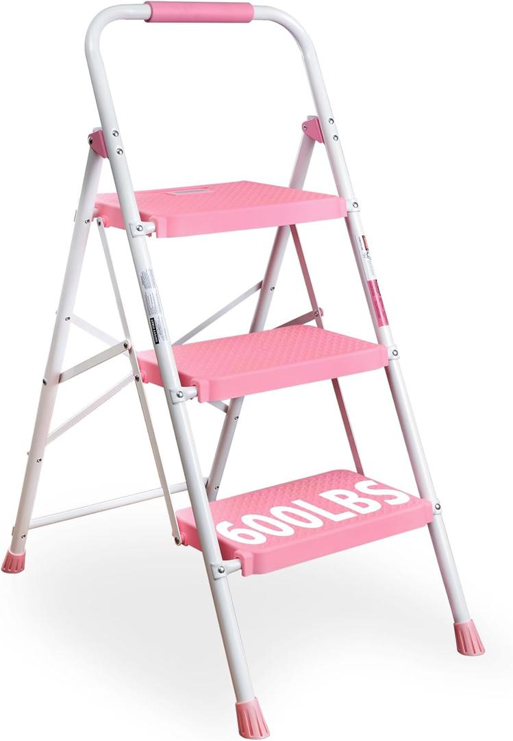 BONTEC 3-Step Ladder, Folding Step Stool, 600lbs Max Load Capacity, Sturdy Steel, Non-Slip Pedals, Lightweight, Portable Steel Ladder with Convenient Handrail, Safety Design for Home & Work, Pink (3-Step, 600lbs Max Load, Pink)