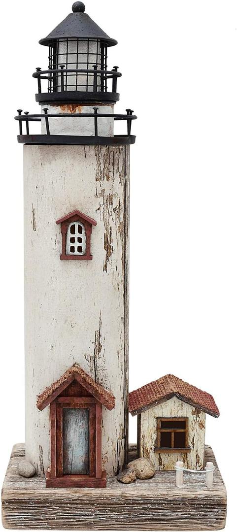 Wooden Lighthouse Decor with Light, Decorative Nautical Lighthouse Rustic Ocean Sea Beach Themed Lighthouse Decoration, Handcrafted Tabletop Nautical Themed Home Decor Bathroom Decor (12H)