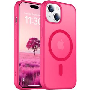 Designed for iPhone 14 Case,iPhone 15 Case with Magnetic [12 FT Military Drop Protection] [Compatible with Magsafe] Slim Translucent Matte Shockproof with Anti-Fingerprint Phone Case, Hot Pink