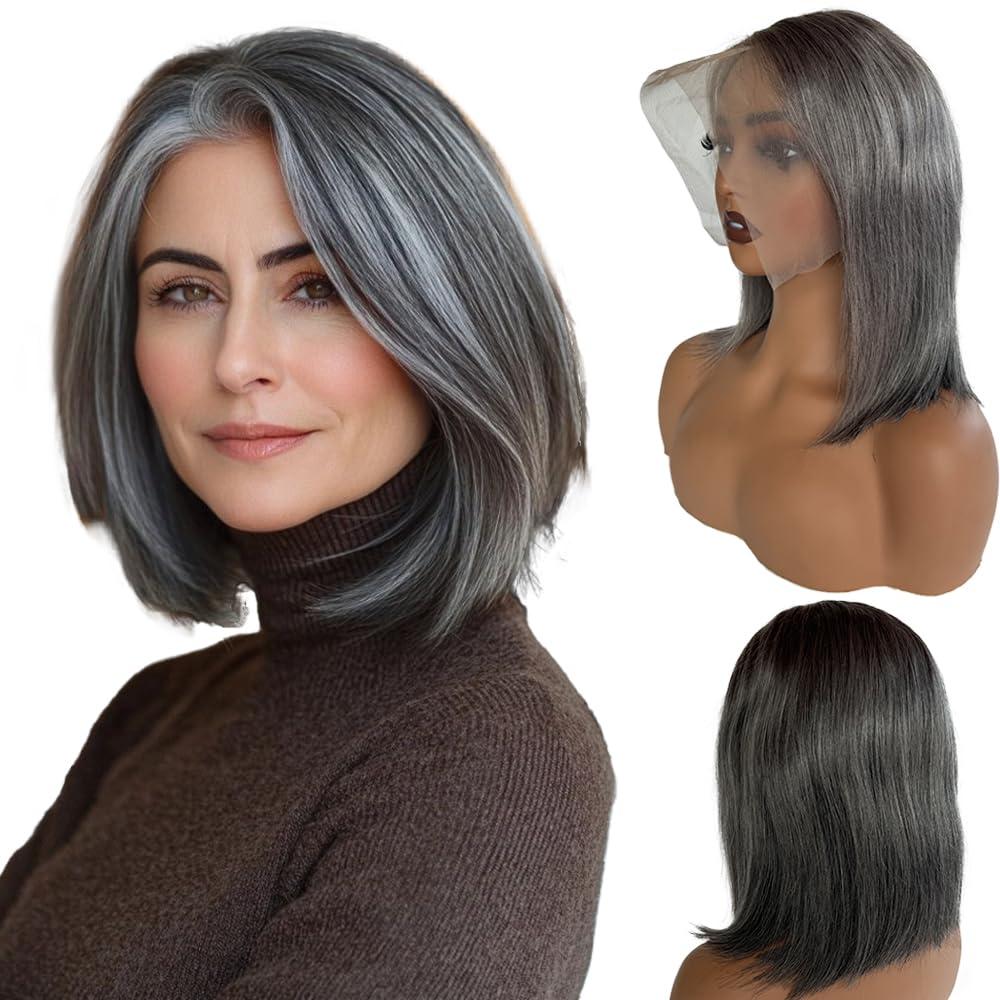 Belaved Grey Salt & Peppers 13x6 Bob Lace Front Wigs Human Hair No Shedding Short HD Straight Lace Frontal Real Human Hair 180% Density Pre Plucked Bleached Knots Glueless 12 Inch