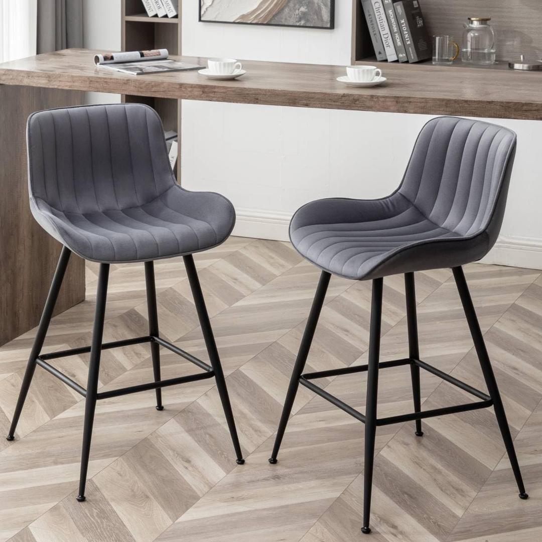 Counter Height Bar Stools, Modern Velvet Barstools Set of 2 with Black Legs and Fabric Seat and Back for Kitchen Island, Grey, Large