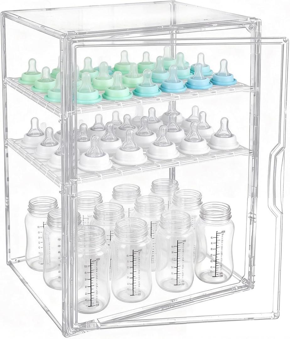 GRETJOB Baby Bottle Organizer, 3-Tier Adjustable Clear Acrylic Storage Station with Drawer & Magnetic Door for Countertop/Cabinet, Holds Bottles, Nipples, Pump Parts, Food Jars