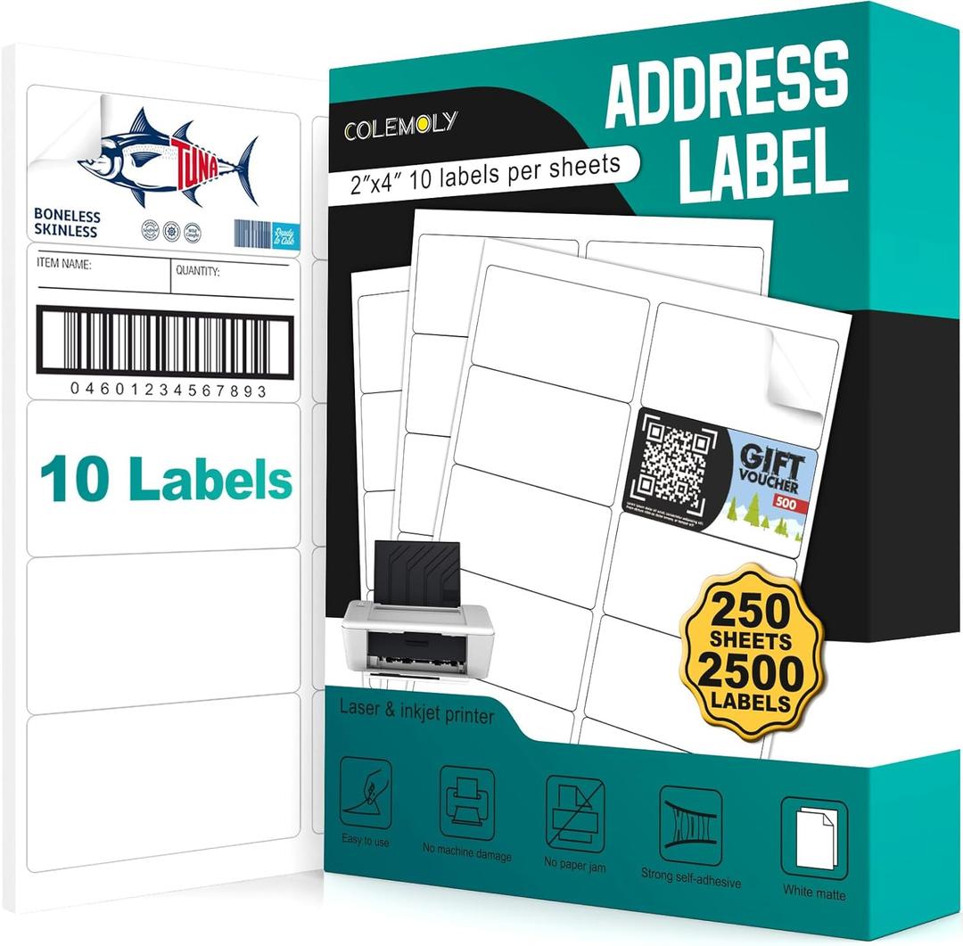 2x4 Labels Sticker Paper - 2500 Address Labels (250 Sheets) for Laser/Inkjet Printer Matte White Blank Labels on 8.5x11 Inch for Mailing, Shipping, and Organizing
