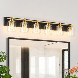 Modern Bathroom Light Fixtures Over Mirror, Vanity Lights for Bathroom Wall Sconces with Clear Glass Shades, E26 Socket (Bulbs Not Included), 6 Light, Black Gold