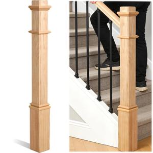 tonchean 1 Piece 48 Inch Red Oak Newel Post, Stair Newel with Pedestal, Plain Style Wood Balusters Interior for Staircase Railing Banister Remodeling Replacement