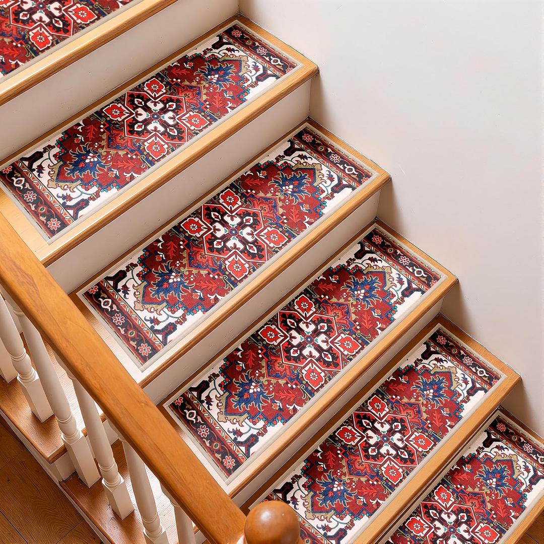 Stair Treads Non Slip 15 Pack 8" X 30" Stair Treads for Wooden Steps, Washable Self Adhesive Stair Runners Stain Resistant Stair Carpet, Edging Staircase for Kids Elders and Dogs (Style 1)