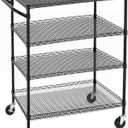 Finnhomy 4 Tier Heavy Duty Commercial Grade Rolling Cart with Handle Bar, Metal Wire Utility Cart with Wheels, Service Trolley on Wheels, Shelf Size 24" D x 36" W, NSF, Black