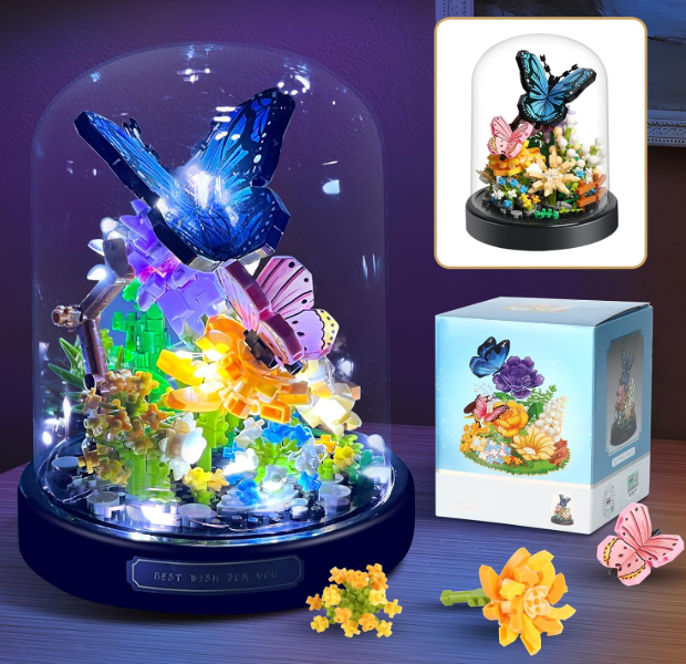 Flower Bouquet Butterfly Building Set with LED String Light, Butterfly Flower Botanical Collection, 530 Pcs Mini Bricks Building Blocks Toy for Kids, Adults, Gift for Mother's Day, Christmas