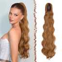 FESHFEN Long Drawstring Ponytail Extension, 30 Inch Wavy Curly Comb Clip in Ponytail Hair Extensions Synthetic Pony Tails Clip on Hairpieces for Women, Strawberry Blonde