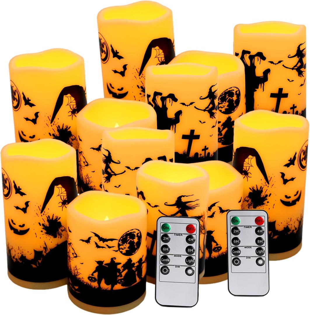 12-Pack Halloween Ink Painting Large Electronic Waxes with Remote Control, Flameless LED Candles for Halloween Spooky, Halloween Ambient Sense Artifacts.