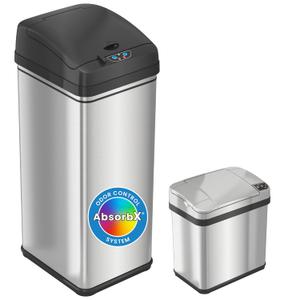 iTouchless 13 Gallon and 2.5 Gal Sensor Kitchen Trash Can with Lid and Bathroom Trashcan Combo Set, Stainless Steel Garbage Recycling Bins with Odor Filter for Home Office Garage Bedroom Living Room (Silver)