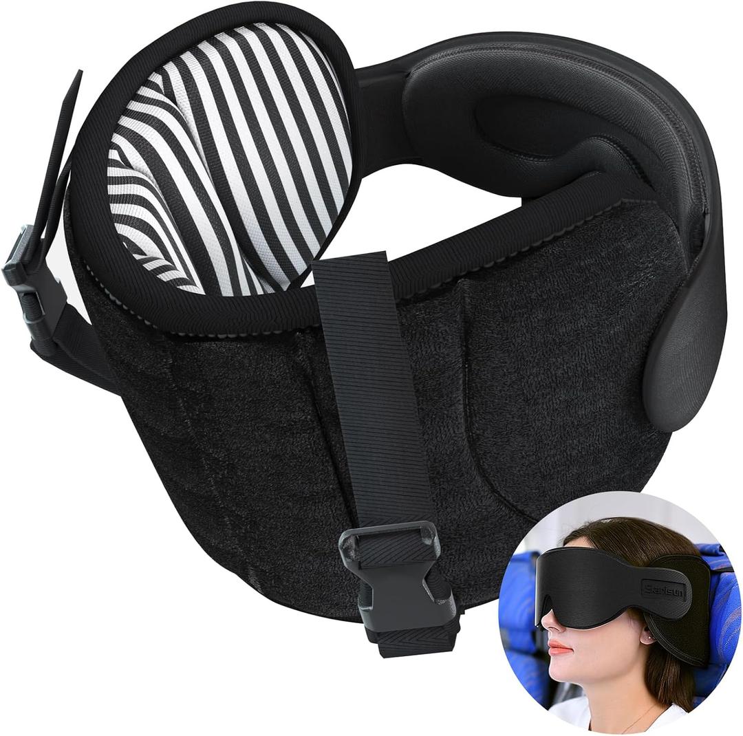SARISUN Travel Pillows for Airplanes, Airplane Pillow for Long Flight Car Road Trip, Airplane Head Strap with Sleep Eye Mask, 360° Support Headrest, Stop Bobblehead Travel Neck Pillow, Stripe Black