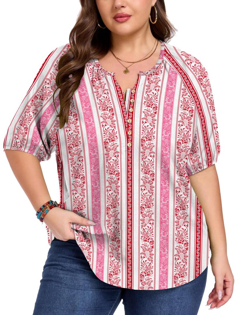 ForHailey Plus Size Blouses for Curvy Women Tops Summer Tunic Shirts V Neck Short Sleeve Tee Button Flowy Tshirts Red Floral 4X-Large (Red)