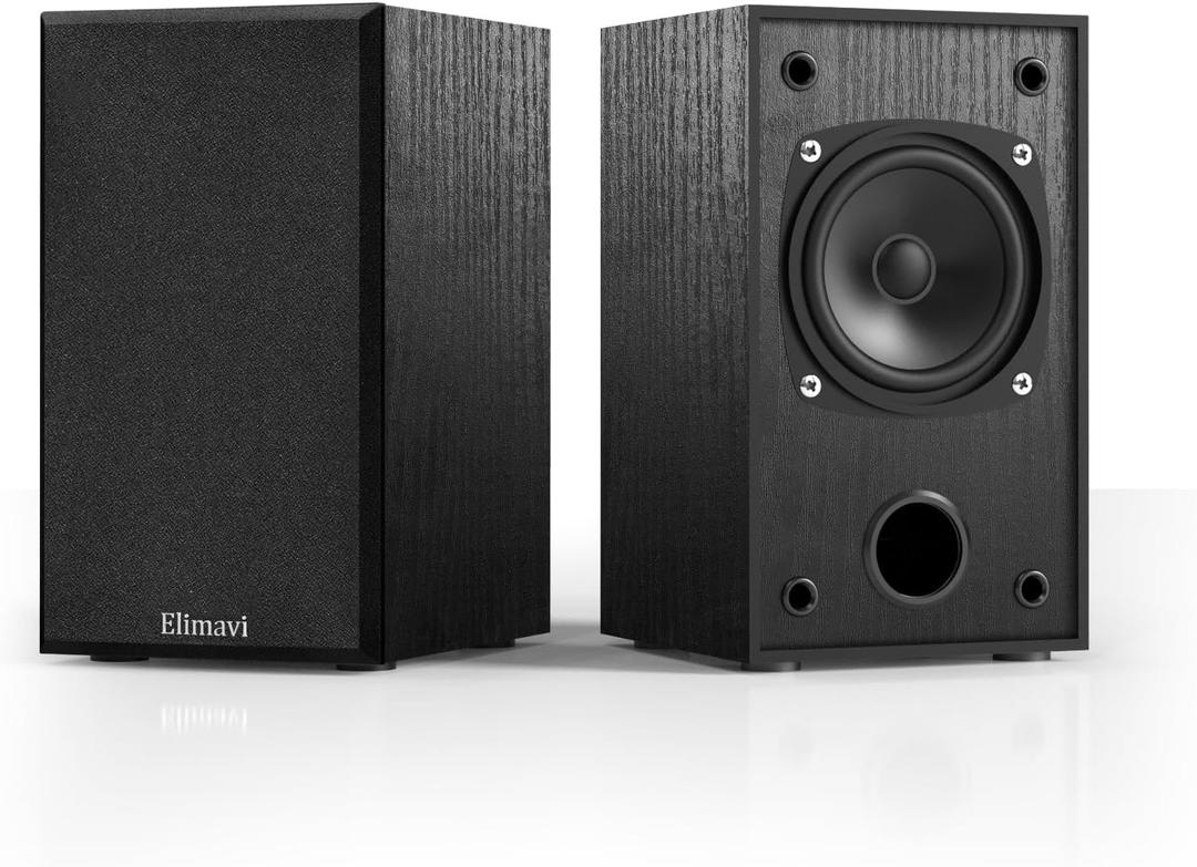 Elimavi Passive Bookshelf Speakers for Home Theater Surround Sound, Satellite Stereo Speakers with Classic Wood Grain for Record Player/Computer/TV, Wall Mountable, Cable Included, Black